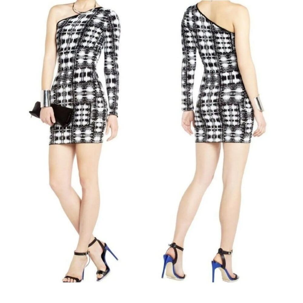 BCBGMaxAzria Black and White One-Shoulder Mini Dress